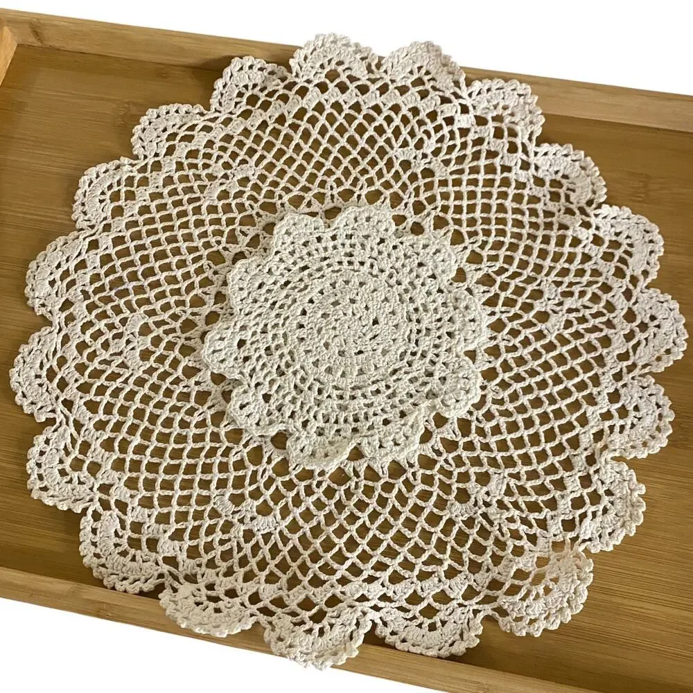 Vintage Handmade Crochet Doilies Set of 2 Ecru Cotton Round Lace Table
